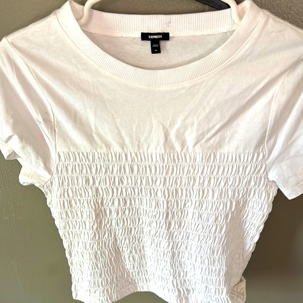 Express White Smocked Crop T-Shirt